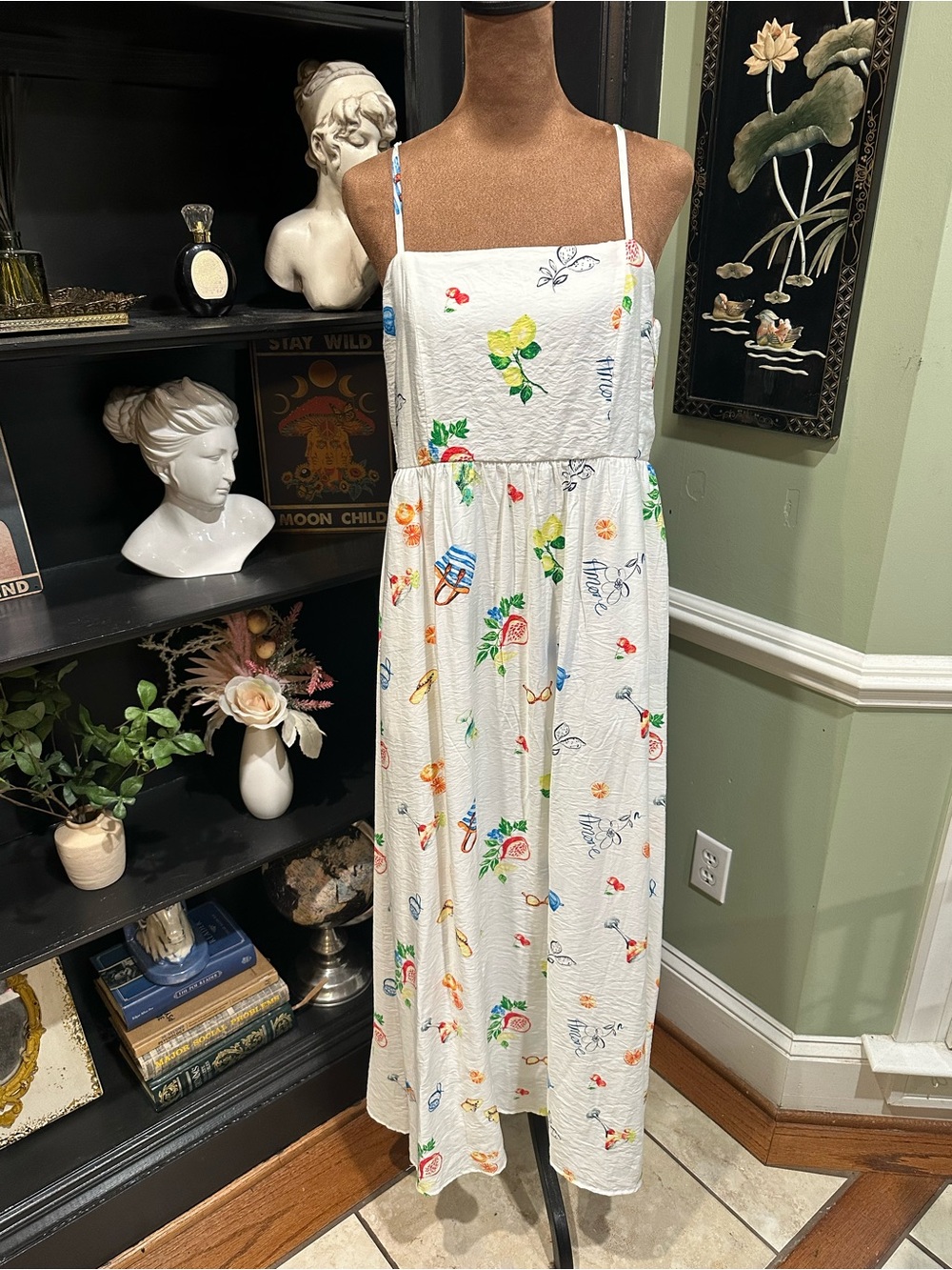 Rachel Zoe Fruit Print Smocked Maxi Dress White Multicolor Size 10